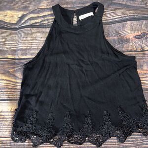 Elodie Black  Tank Crop Top with Embroidered Lace Accent Size Small